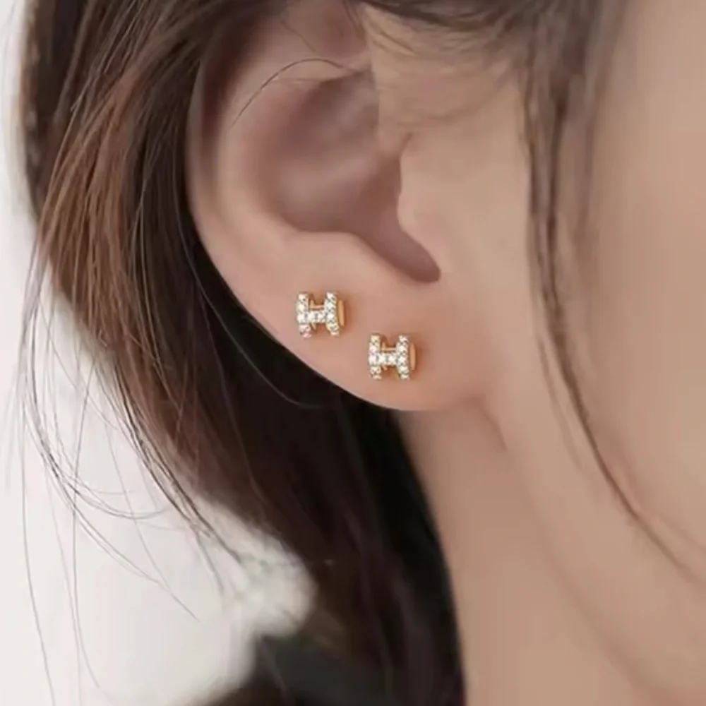 18K Gold Mini Pave Diamond Minimalist Letter H Shaped Earrings